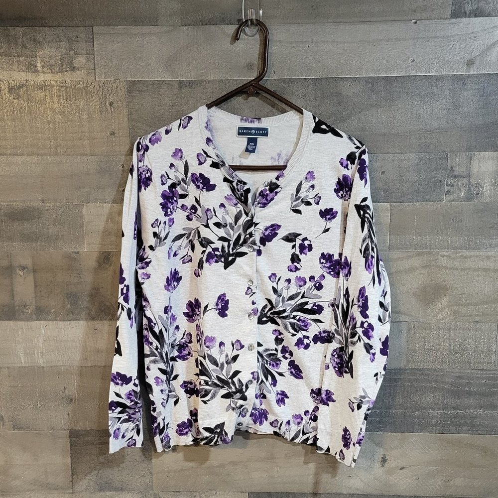 Karen Scott Gray and Purple Floral Cardigan - Size XXL